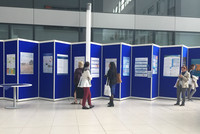 People looking at posters on a blue poster wall. 